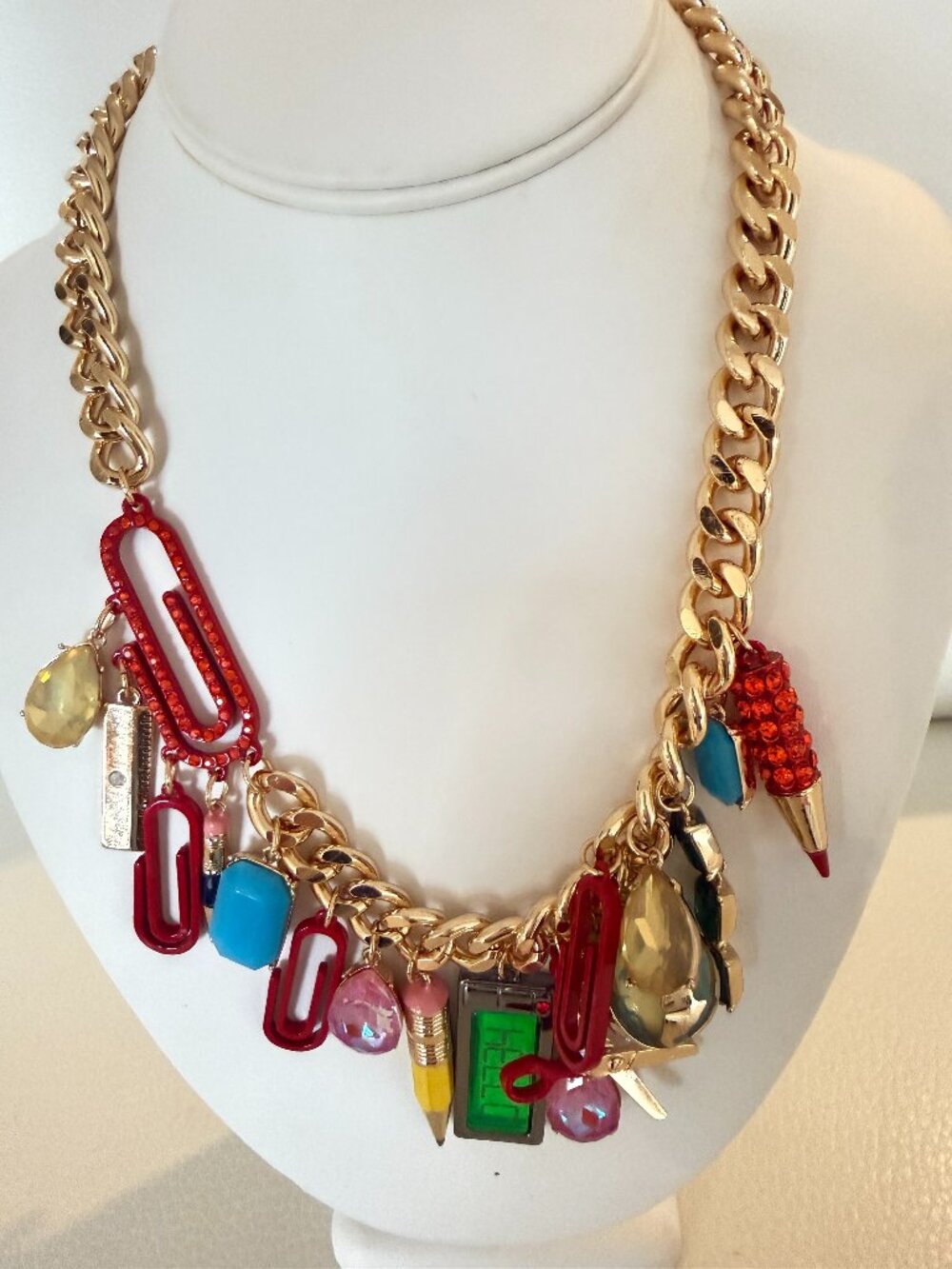 NWT Betsey Johnson Back To School Charm Statement Necklace Teacher Gold Tone - Picture 4 of 5